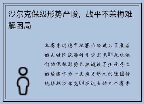 沙尔克保级形势严峻，战平不莱梅难解困局